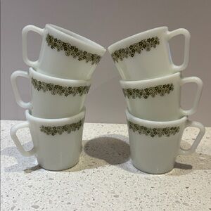 6 Vintage Pyrex Milk Glass “Spring Blossom Green” or Crazy Daisy” Coffee Mugs